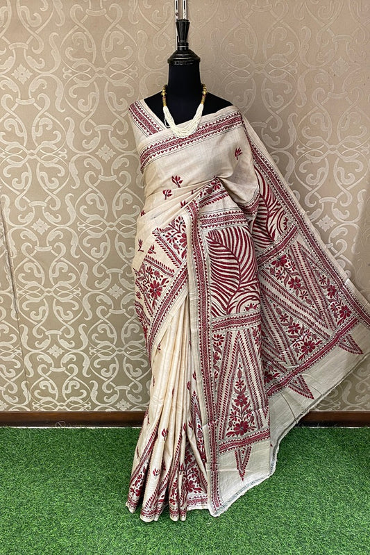 Offwhite Red Pure Tussar Bengal Kantha Stitch Saree, With Unstitched Blouse.