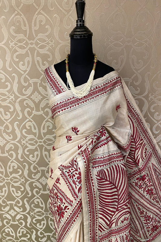 Offwhite Red Pure Tussar Bengal Kantha Stitch Saree, With Unstitched Blouse.