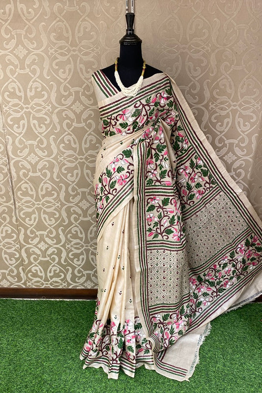 Offwhite Pure Tussar Bengal Kantha Stitch Saree, With Unstitched Blouse.