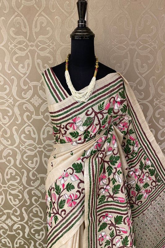 Offwhite Pure Tussar Bengal Kantha Stitch Saree, With Unstitched Blouse.