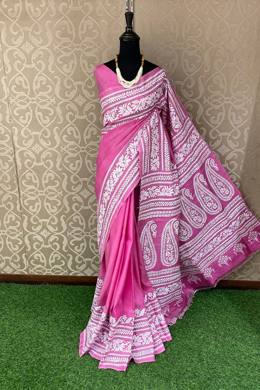 Pink Pure Silk Bengal Kantha Stitch Saree, With Unstitched Blouse.
