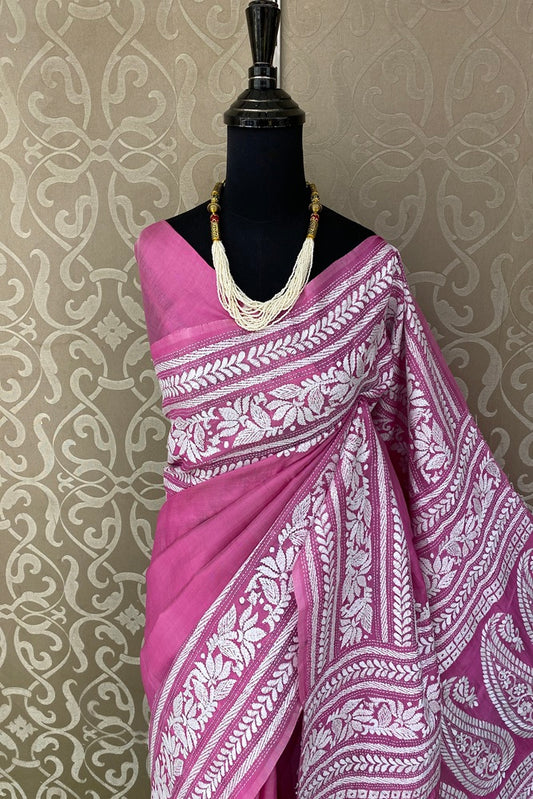 Pink Pure Silk Bengal Kantha Stitch Saree, With Unstitched Blouse.