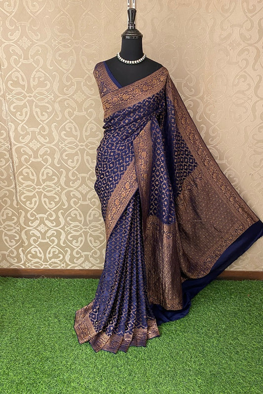 Dark Blue Brocket Crepe Silk Party Wear Saree, With Unstitched Blouse
