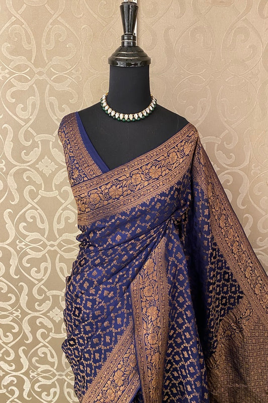 Dark Blue Brocket Crepe Silk Party Wear Saree, With Unstitched Blouse