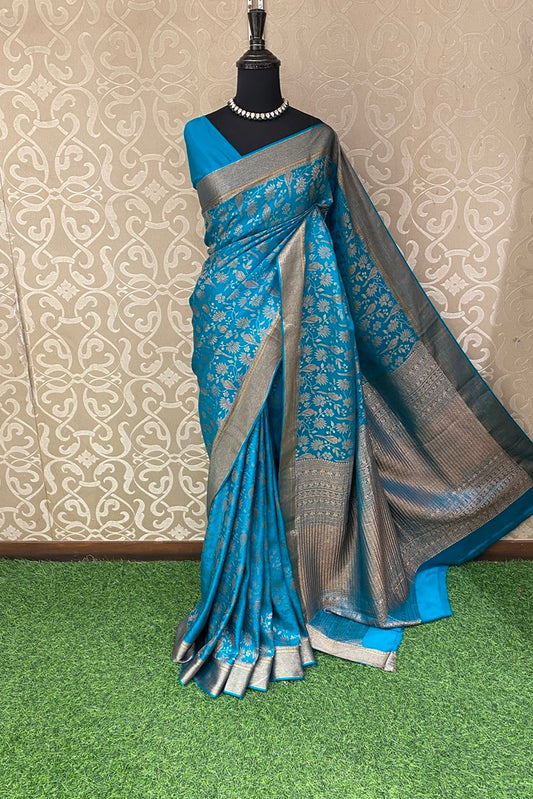 Rama Blue Brocket Crepe Silk Party Wear Saree, With Unstitched Blouse