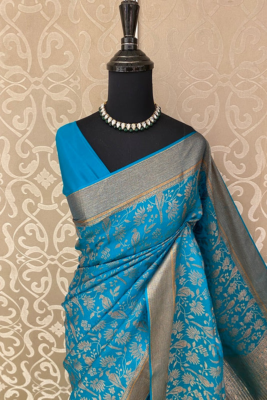 Rama Blue Brocket Crepe Silk Party Wear Saree, With Unstitched Blouse