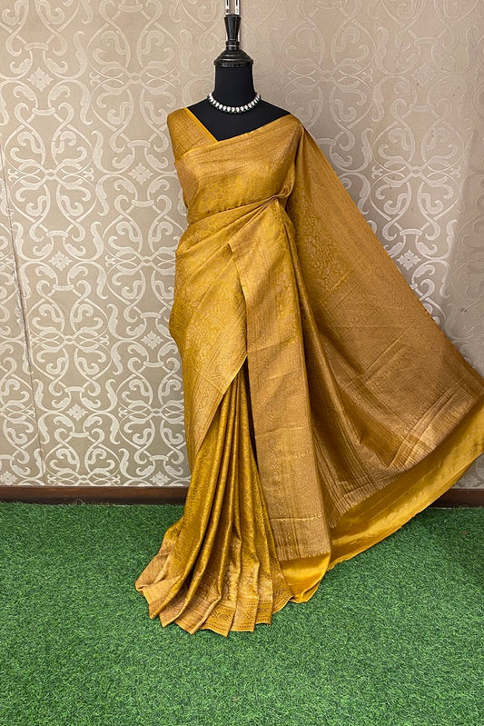 Yellow Brocket Crepe Silk Party Wear Saree, With Unstitched Blouse