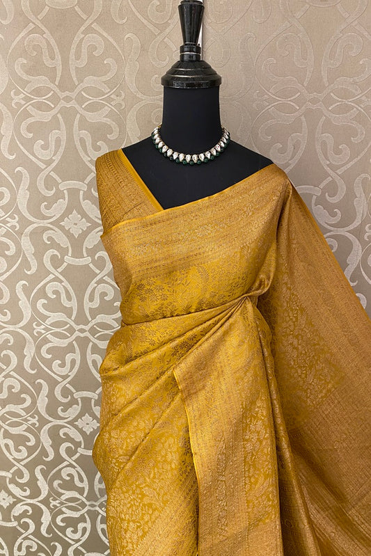 Yellow Brocket Crepe Silk Party Wear Saree, With Unstitched Blouse