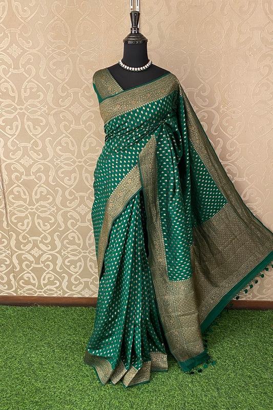Bottle Green Pure Munga Banarasi Silk Saree, Hand Woven Motifs With Blouse