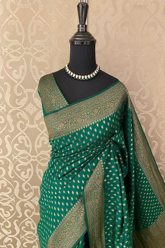 Bottle Green Pure Munga Banarasi Silk Saree, Hand Woven Motifs With Blouse