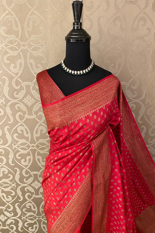 Red Pure Munga Banarasi Silk Saree, Hand Woven Motifs With Blouse