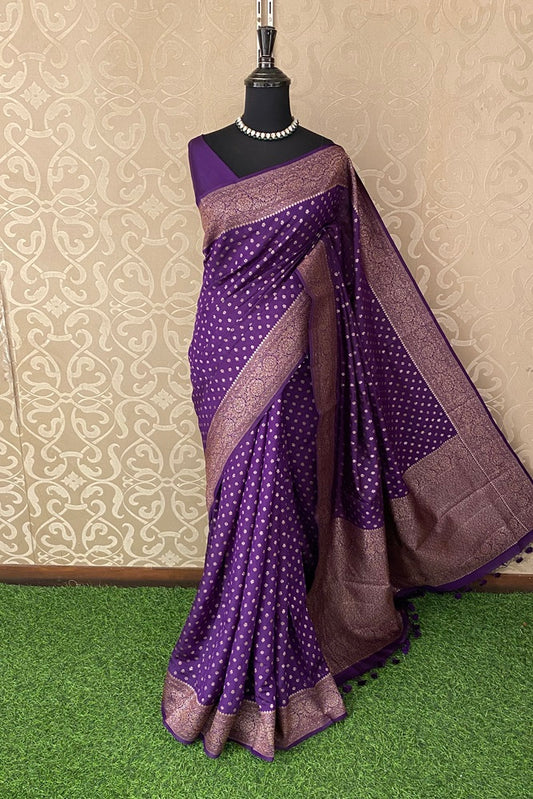 Violet Pure Munga Banarasi Silk Saree, Hand Woven Motifs With Blouse