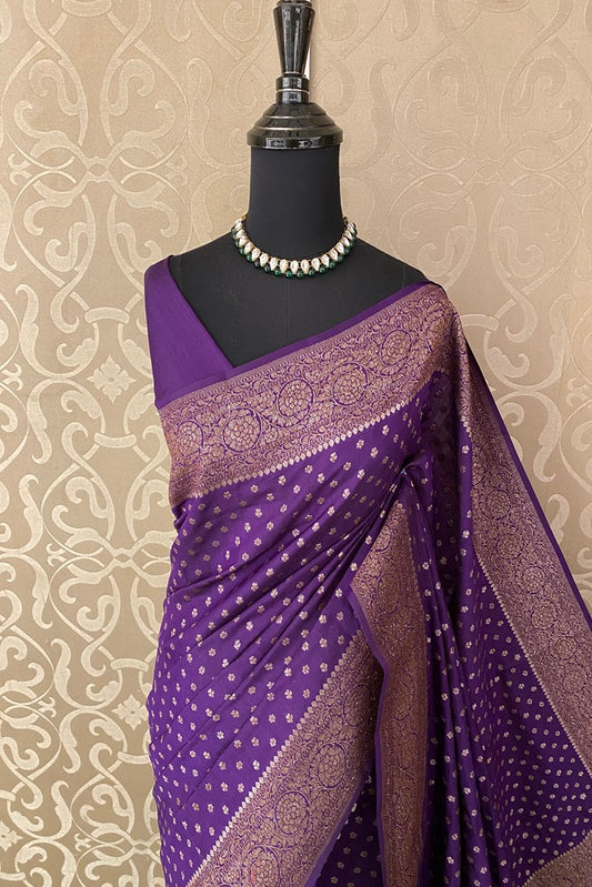 Violet Pure Munga Banarasi Silk Saree, Hand Woven Motifs With Blouse