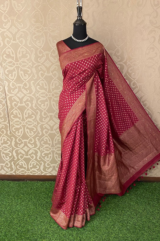 Maroon Pure Munga Banarasi Silk Saree, Hand Woven Motifs With Blouse