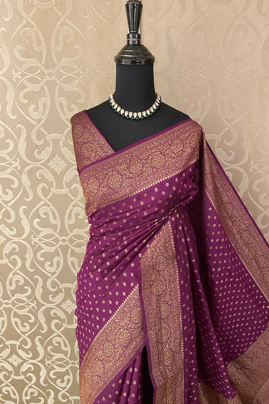 Purple Pure Munga Banarasi Silk Saree, Hand Woven Motifs With Blouse