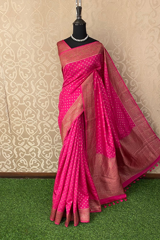 Rani Pure Munga Banarasi Silk Saree, Hand Woven Motifs With Blouse