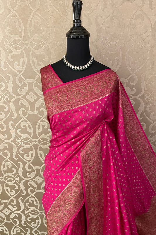 Rani Pure Munga Banarasi Silk Saree, Hand Woven Motifs With Blouse