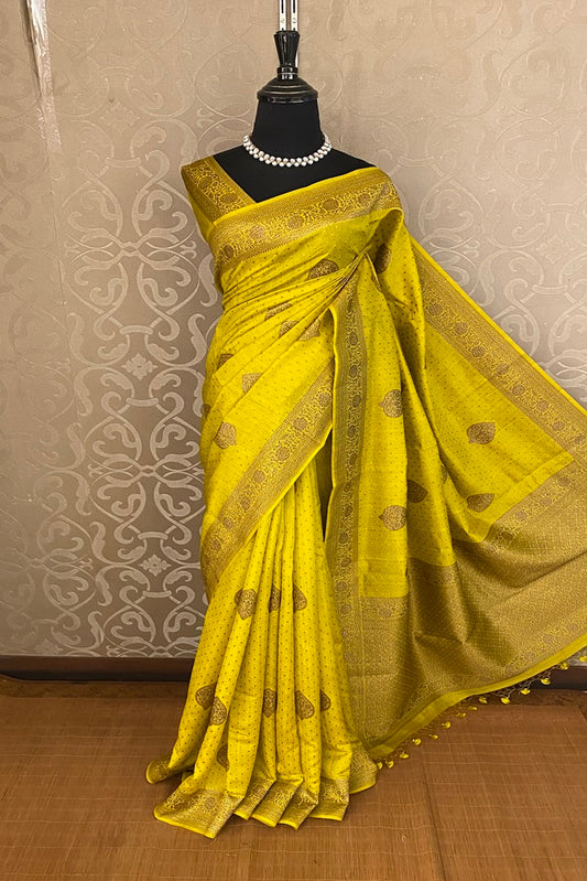 Bright Yellow Pure Munga Banarasi Silk Saree, Hand Woven Motifs With Blouse