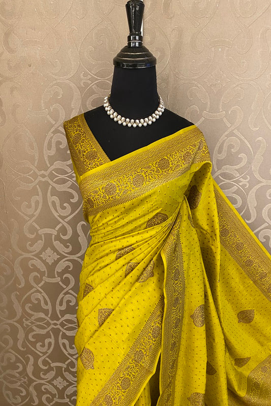 Bright Yellow Pure Munga Banarasi Silk Saree, Hand Woven Motifs With Blouse