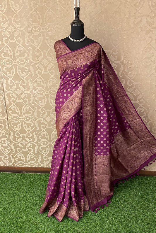 Plum Pure Munga Banarasi Silk Saree, Hand Woven Motifs With Blouse