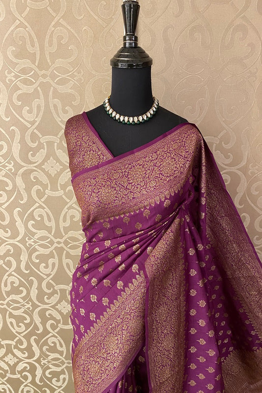 Plum Pure Munga Banarasi Silk Saree, Hand Woven Motifs With Blouse