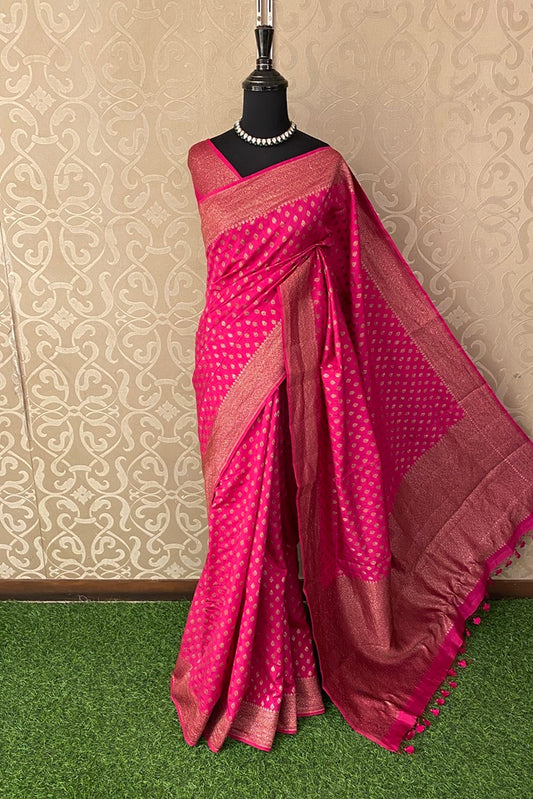 Berry Pink Pure Munga Banarasi Silk Saree, Hand Woven Motifs With Blouse