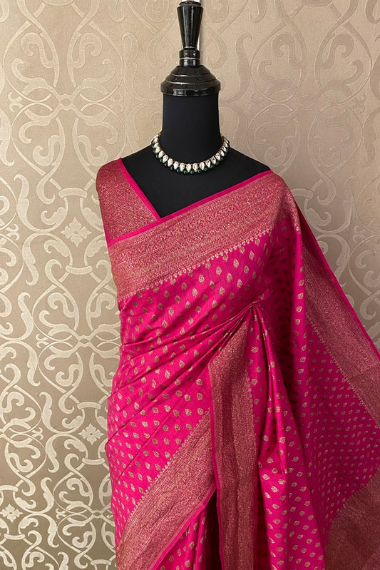 Berry Pink Pure Munga Banarasi Silk Saree, Hand Woven Motifs With Blouse