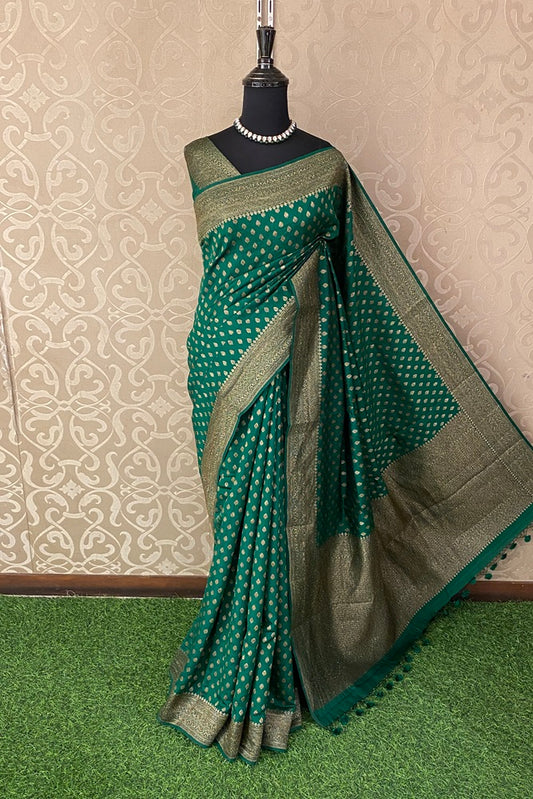Deep Green Pure Munga Banarasi Silk Saree, Hand Woven Motifs With Blouse