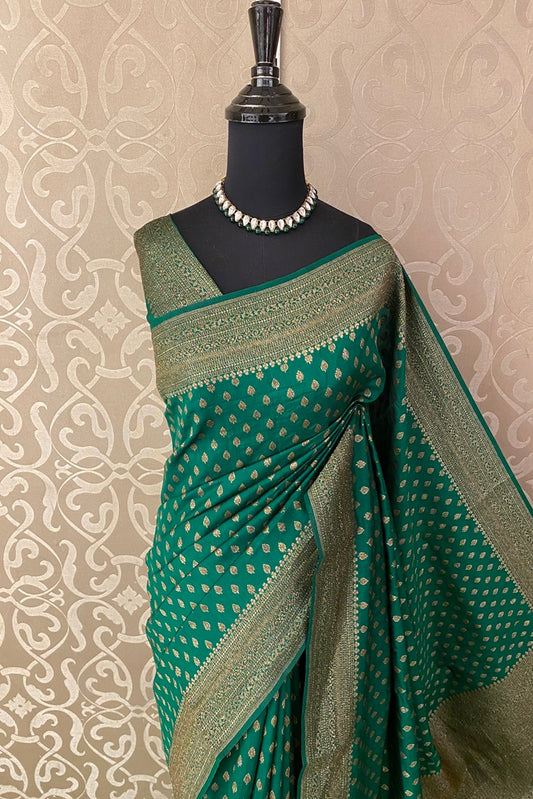 Deep Green Pure Munga Banarasi Silk Saree, Hand Woven Motifs With Blouse