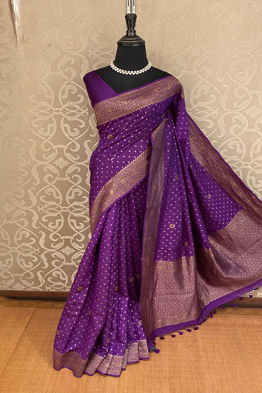 Violet Pure Munga Banarasi Silk Saree, Hand Woven Motifs With Blouse