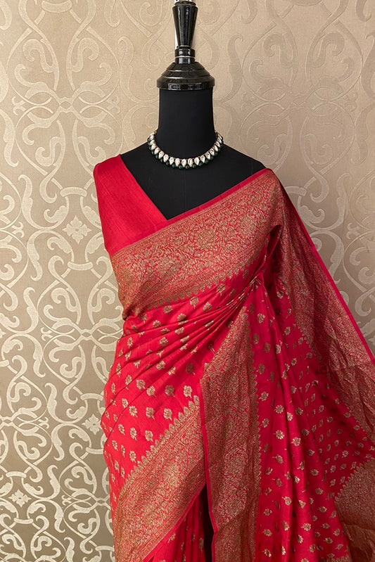 Rose Pure Munga Banarasi Silk Saree, Hand Woven Motifs, With Blouse