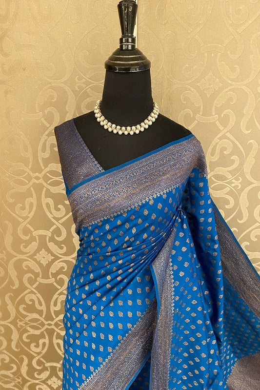 Blue Pure Munga Banarasi Silk Saree, Hand Woven Motifs, With Blouse