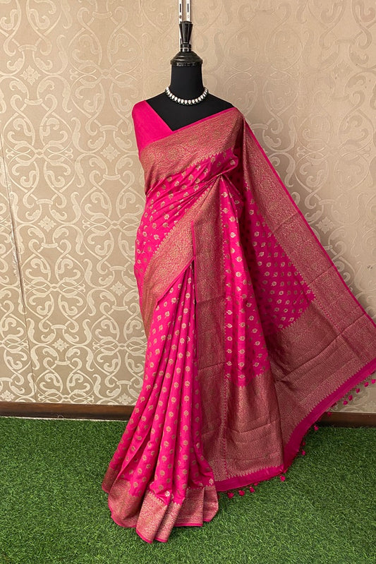 Rani Pure Munga Banarasi Silk Saree, Hand Woven Motifs, With Blouse
