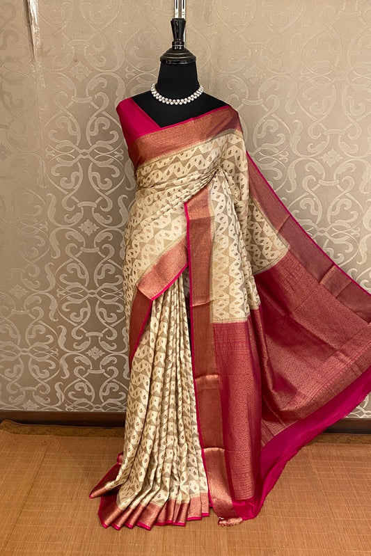 Offwhite Gold and Rani Brocket Crepe Silk Party Wear Saree, With Blouse Piece