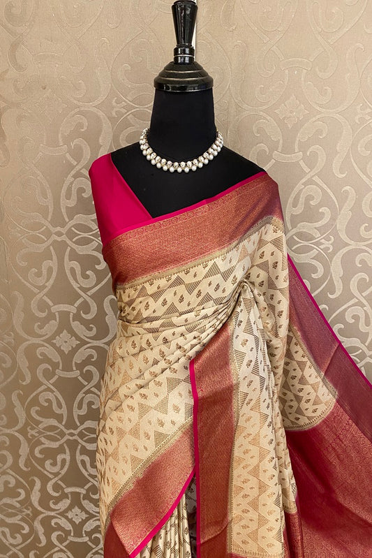 Offwhite Gold and Rani Brocket Crepe Silk Party Wear Saree, With Blouse Piece