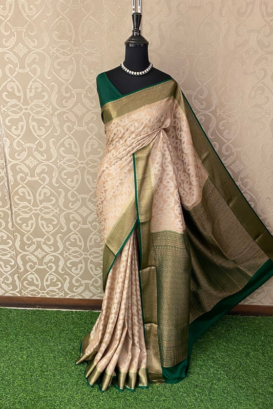 Offwhite and Green Brocket Crepe Silk Party Wear Saree, With Blouse Piece