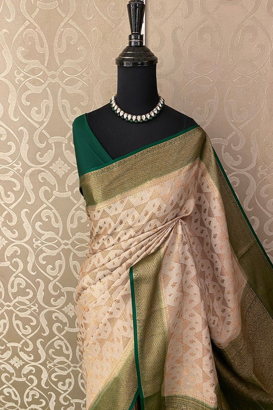 Offwhite and Green Brocket Crepe Silk Party Wear Saree, With Blouse Piece