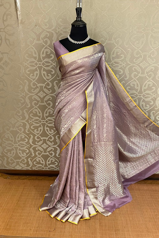 Mauve Brocket Crepe Silk Party Wear Saree, With Blouse Piece