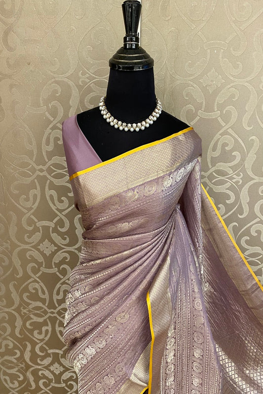 Mauve Brocket Crepe Silk Party Wear Saree, With Blouse Piece