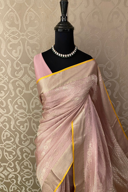 Peaches Pink Brocket Crepe Silk Party Wear Saree, With Blouse Piece