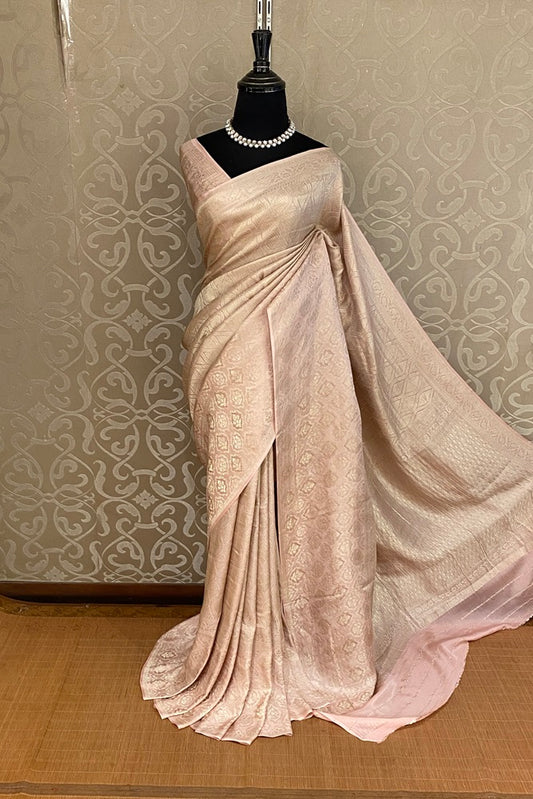 Golden Peach Brocket Crepe Silk Party Wear Saree, With Blouse Piece
