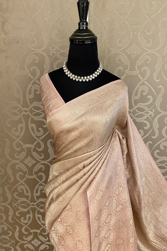 Golden Peach Brocket Crepe Silk Party Wear Saree, With Blouse Piece