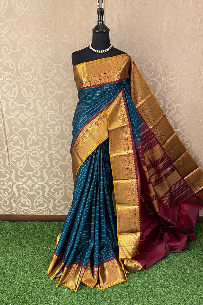Teal Colour Pure Kanjeevaram Silk Saree, With Blouse