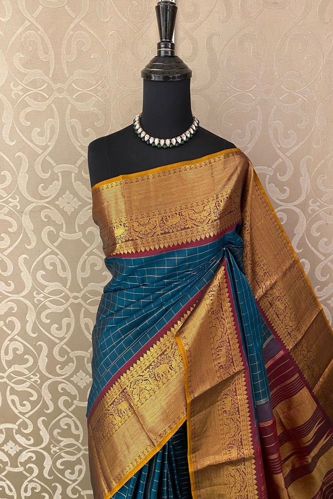 Teal Colour Pure Kanjeevaram Silk Saree, With Blouse