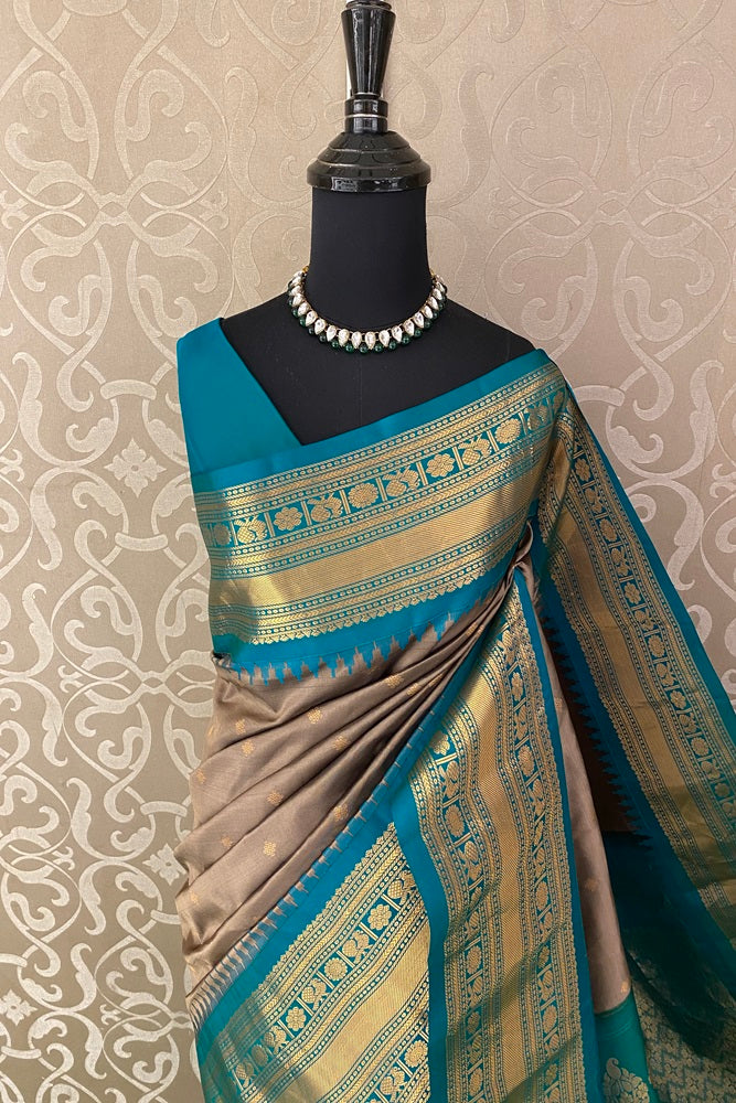 Beige Gadwal Silk Saree, With Contrast Blouse