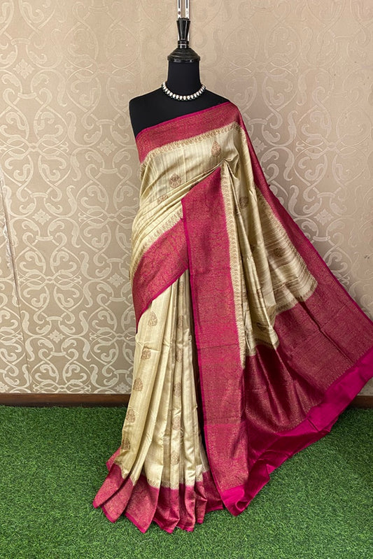 Offwhite Golden and Rani Pure Raw Tussar Banarasi Silk Saree, Hand Woven Motifs With Blouse