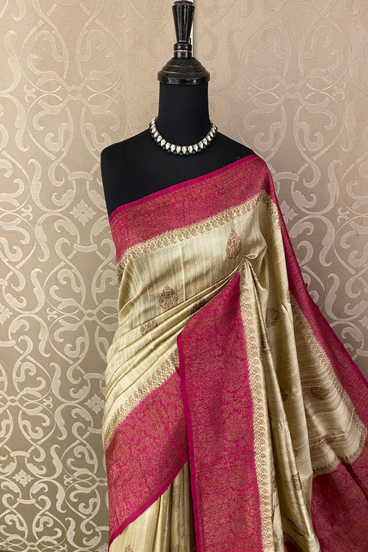 Offwhite Golden and Rani Pure Raw Tussar Banarasi Silk Saree, Hand Woven Motifs With Blouse