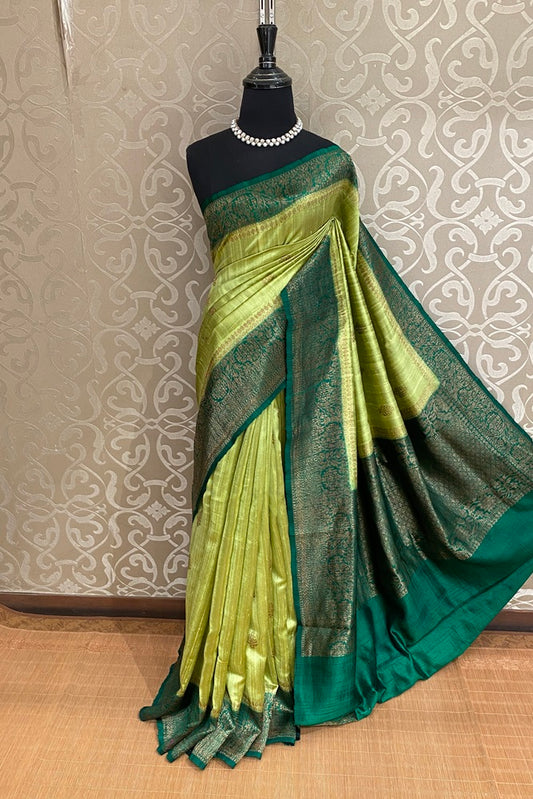 Lemon Green Pure Raw Tussar Banarasi Silk Saree, Hand Woven Motifs With Blouse