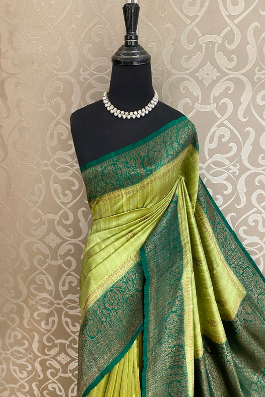 Lemon Green Pure Raw Tussar Banarasi Silk Saree, Hand Woven Motifs With Blouse