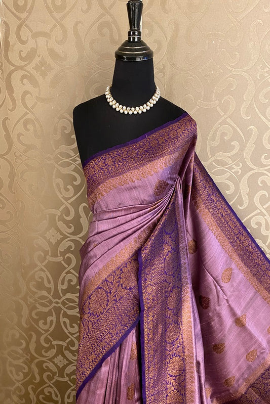 Light Purple Pure Raw Tussar Banarasi Silk Saree, Hand Woven Motifs With Blouse